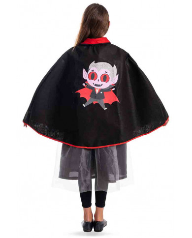 Black felt cape with red collar and vampire print for children.