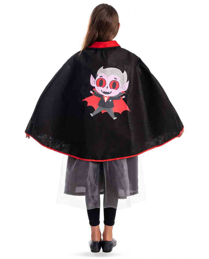 Black felt cape with red collar and vampire print for children.