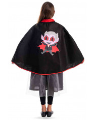 Black felt cape with red collar and vampire print for children.