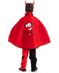 Red felt cape with black collar and devil print for children.