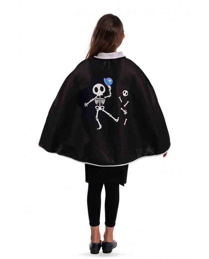 Black felt cape with white collar and skeleton print for