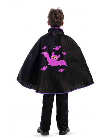 Black felt cape with purple collar and bats print for children.