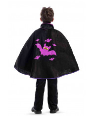 Black felt cape with purple collar and bats print for children.