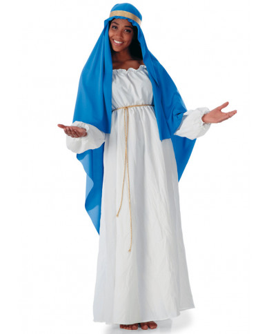 Virgin Mary costume with fabric dress, cape, hairband and belt.