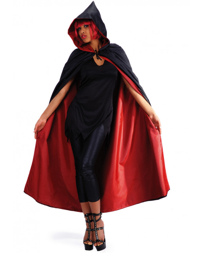 Black/red taffettas double-face cape with hood, one size