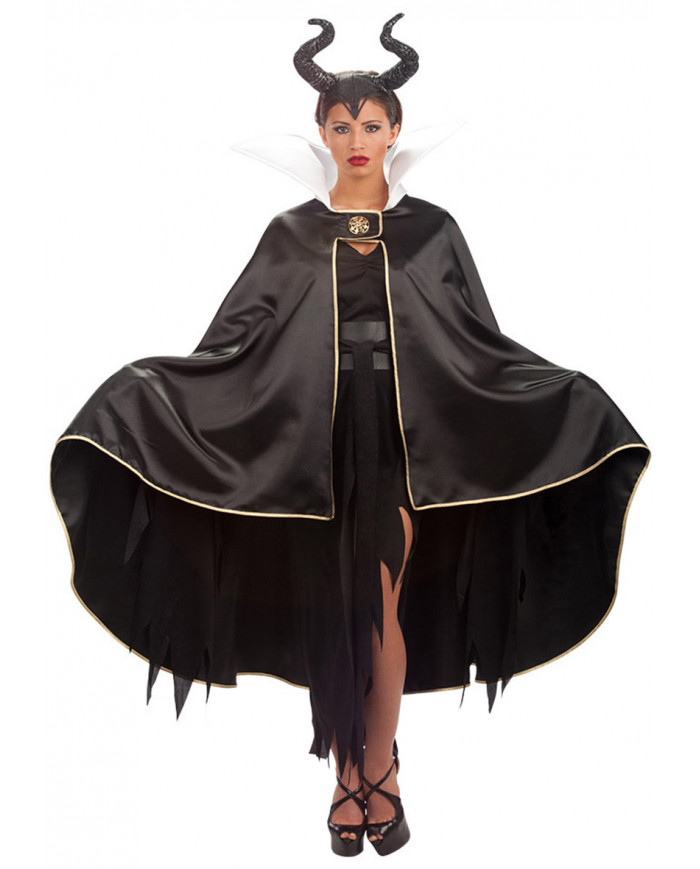 Black satin cape with golden decorations and white collar