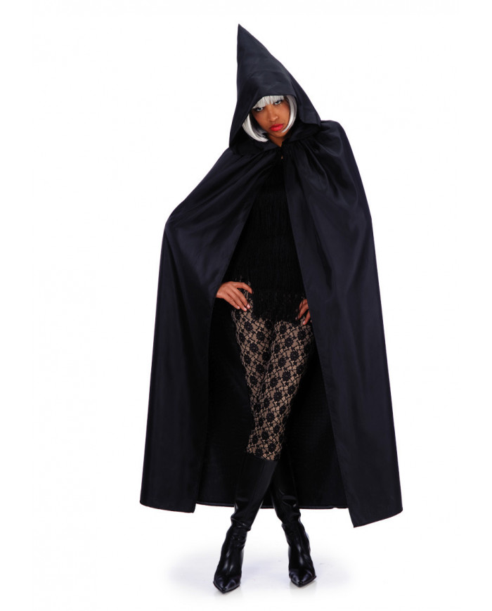 Black taffettas double-face cape with hood, one size, length