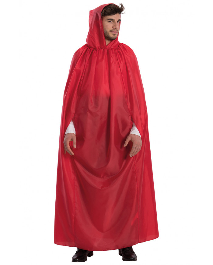 Red taffetas cape with front part and hood, lateral holes for