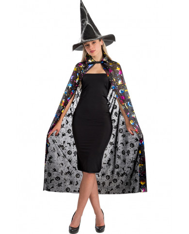 Cape in black jersey with lurex prints of Halloween subjects