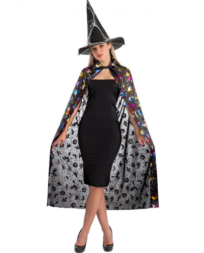 Cape in black jersey with lurex prints of Halloween subjects