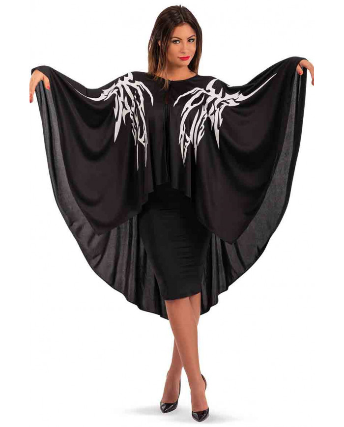 Black jersey cape with the white print of a dragon skeleton.