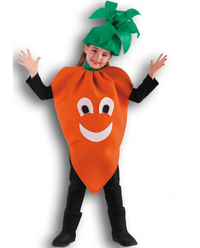Costume da carota realizzato in tessuto con cappello verde.