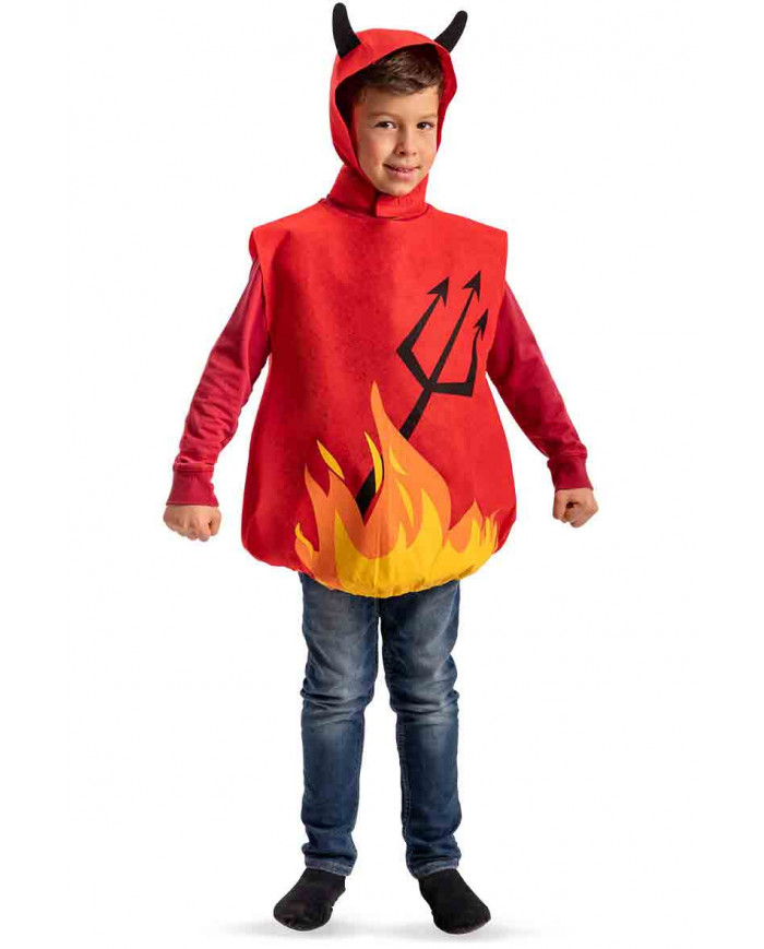 Costume in panno da diavoletto rosso decorato con fiamme e un
