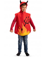 Red felt costume of devil with hood with black horns applied.