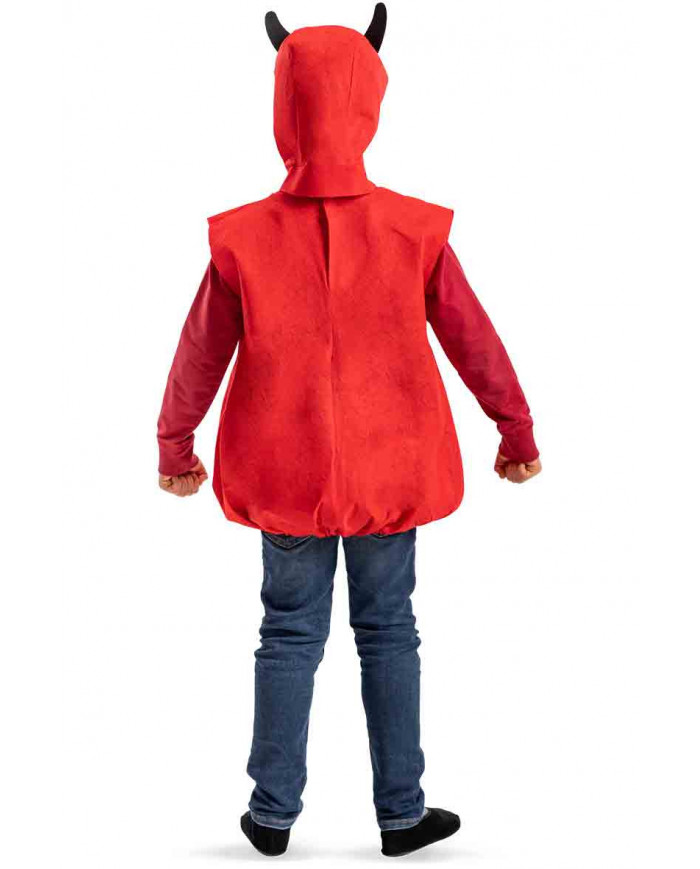Red felt costume of devil with hood with black horns applied.
