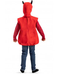 Red felt costume of devil with hood with black horns applied.