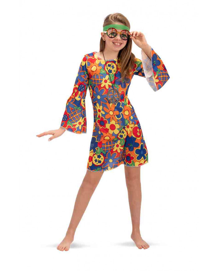 70s Girl costume for kid composed of stretch fabric dress in