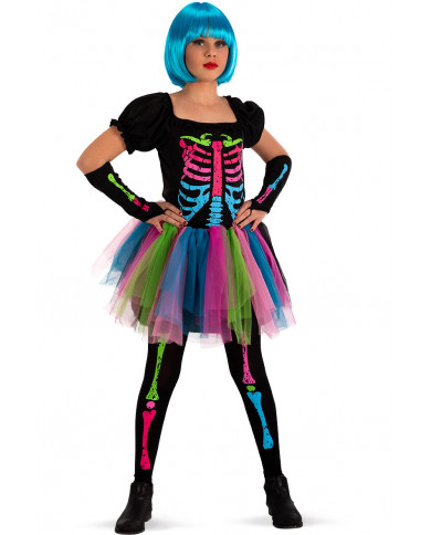 Multicolor skeleton costume for kid with stretchy fabric dress