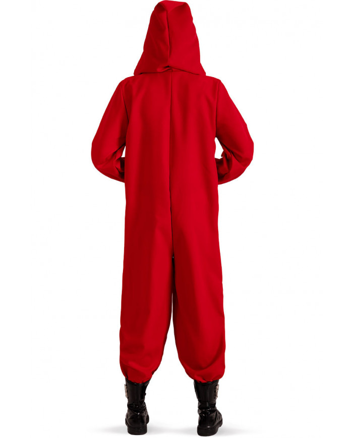 Red fabric jumpsuit with hood for woman, one size S/M.