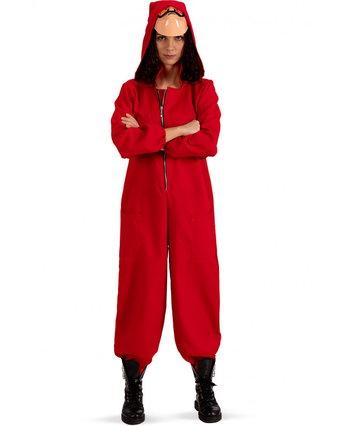 Red fabric jumpsuit with hood for woman, one size S/M.