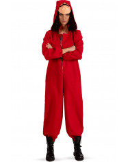 Red fabric jumpsuit with hood for woman, one size S/M.