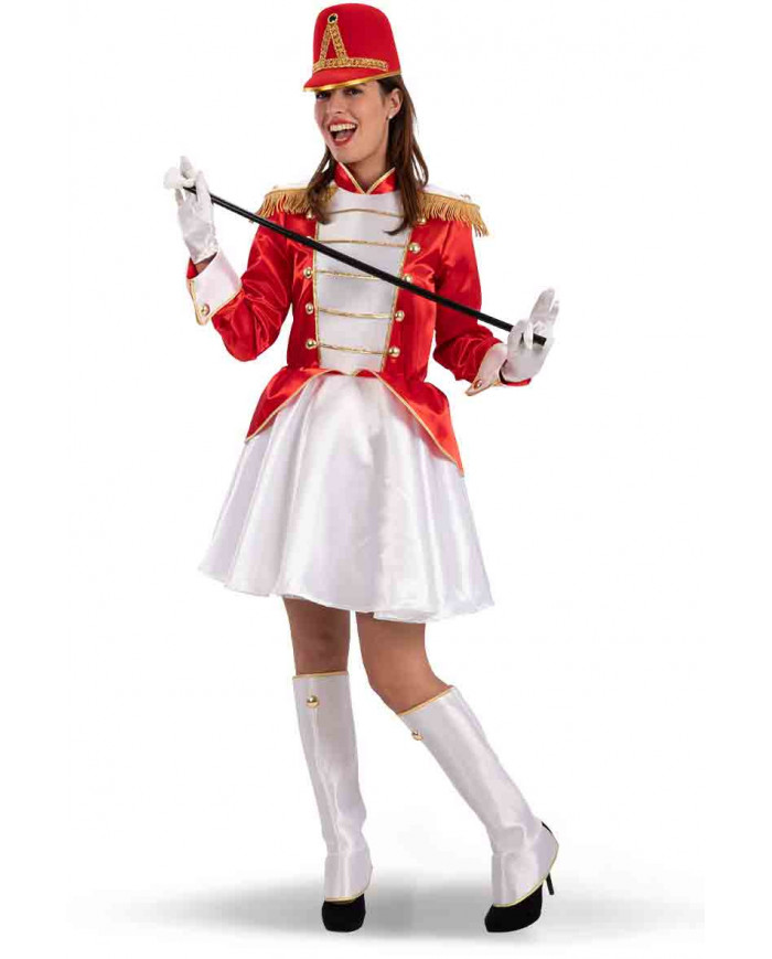 Majorette costume composed of a white satin dress with a red
