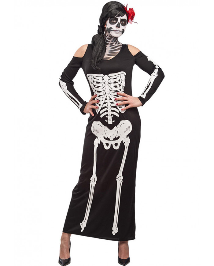 Skeleton costume with stretchy printed dress, one size S/M.