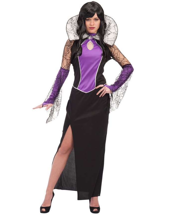 Purple witch costume with dress and sleeves in stretchy fabric