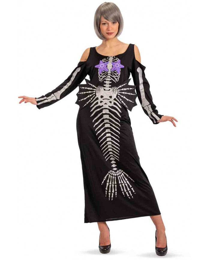 Mermaid skeleton costume composed of a stretch fabric dress