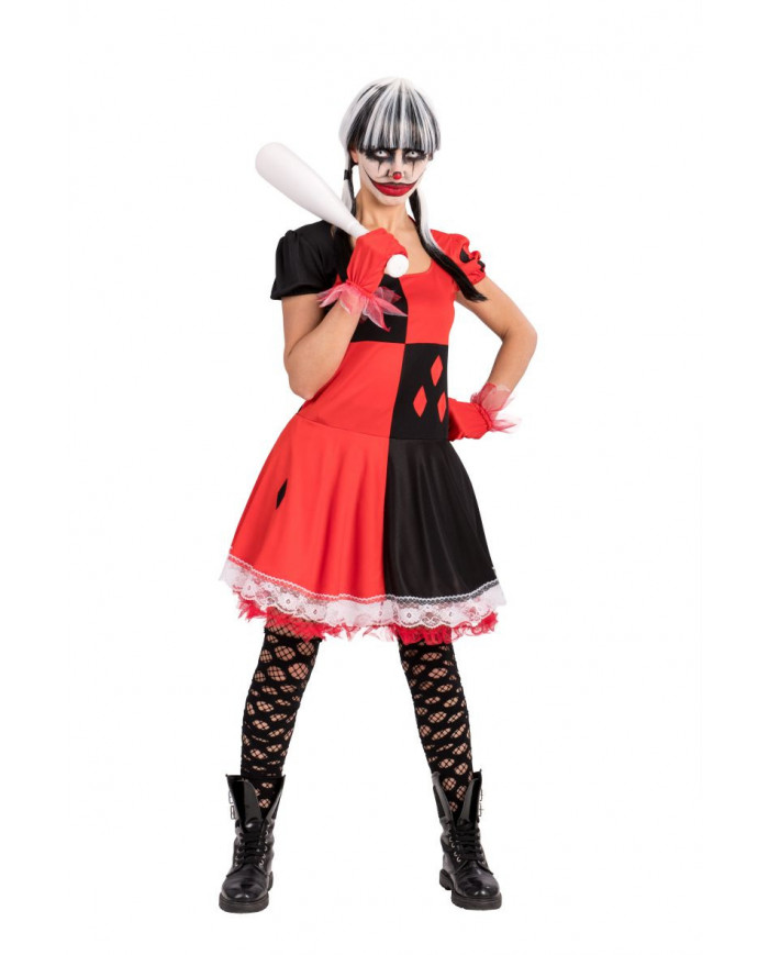 Clown girl horror costume with stretch fabric dress and gloves