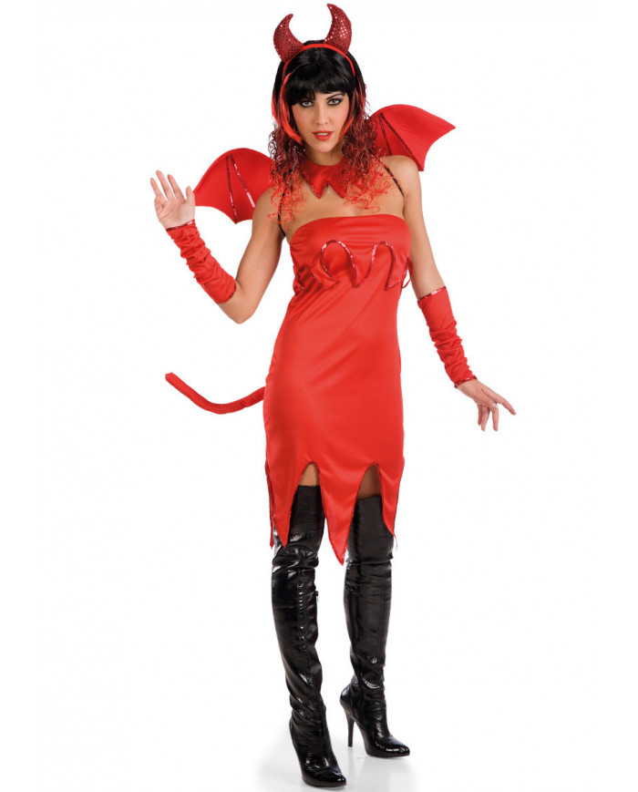 Costume da diavolessa per donna. Abito in tessuto rosso, coda