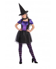 Witch costume with satin and veil dress, hat and collar, one