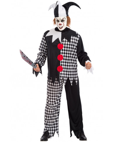 Killer clown costume composed of shirt, trousers and headpiece