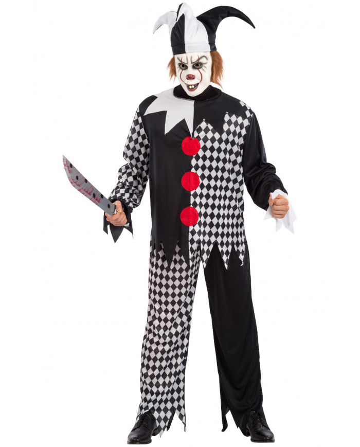 Killer clown costume composed of shirt, trousers and headpiece