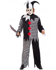 Killer clown costume composed of shirt, trousers and headpiece