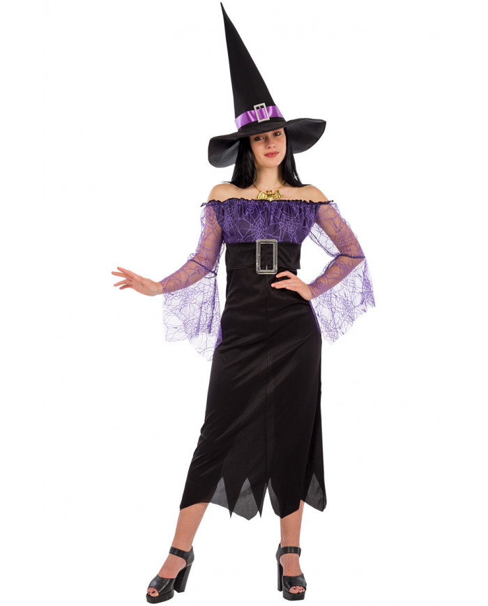 Witch costume composed of stretchy dress decorated with veil