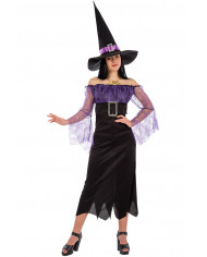 Witch costume composed of stretchy dress decorated with veil