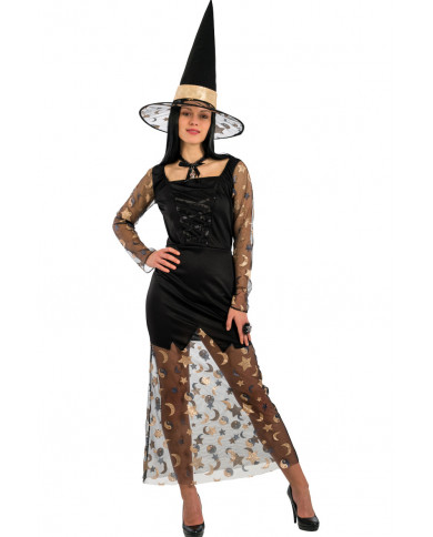 Witch costume composed of stretchy dress with veil and hat, in