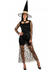 Witch costume composed of stretchy dress with veil and hat, in