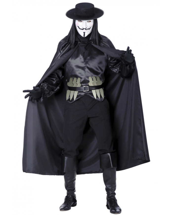 Black satin shirt and cape with belt fake daggers, hat with hair and
