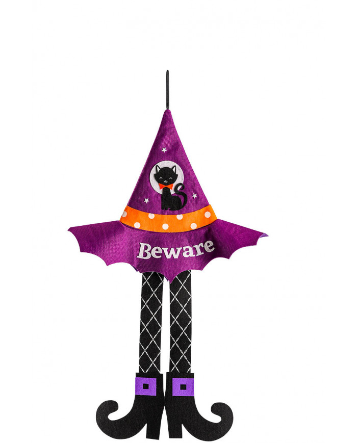 Hanging decoration in purple fabric in the shape of a witch's
