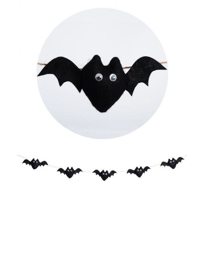 Garland with cute black stuffed bats. Made of fabric, long