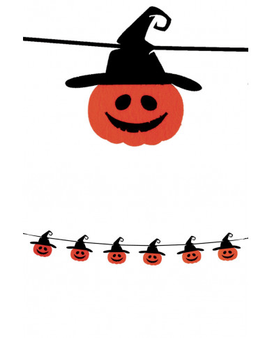 Garland with cute orange pumpkins with black witch hat. Made of