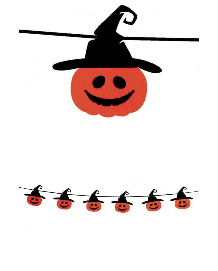 Garland with cute orange pumpkins with black witch hat. Made of