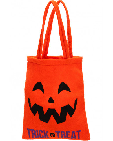 Orange felt bag with pumpkin and TRICK OR TREAT writing