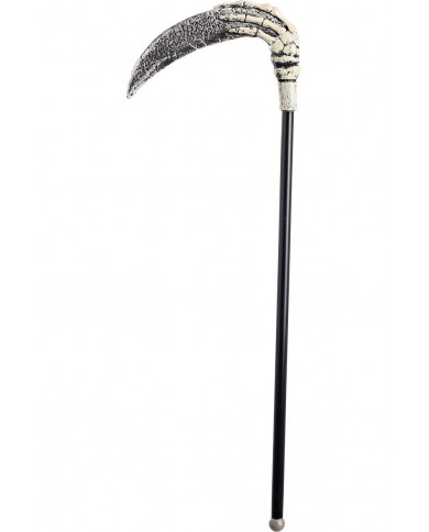 Plastic scythe with black handle, silver blade and skeleton