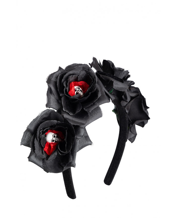 Headband with black roses and skulls. Perfect accessory to