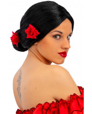 Black Spanish wig knotted in classic flamenco style and