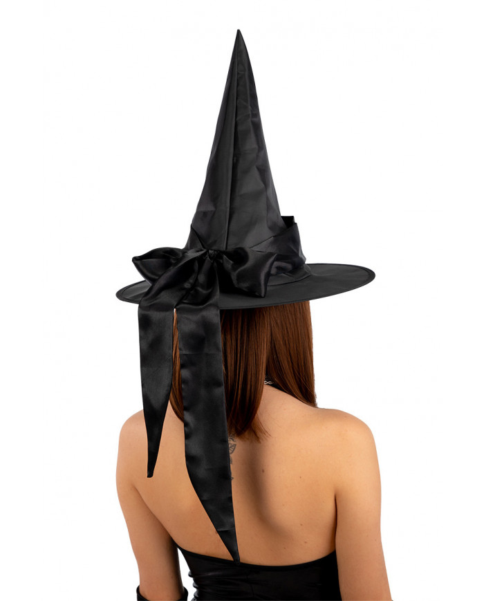 Witch hat in black plasticized fabric with black satin bow
