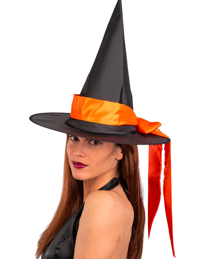 Witch hat in black plasticized fabric with orange satin bow
